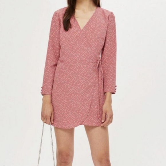 NWT TopShop Pink Polkadot Wrap Dress Size 2 - Picture 1 of 7